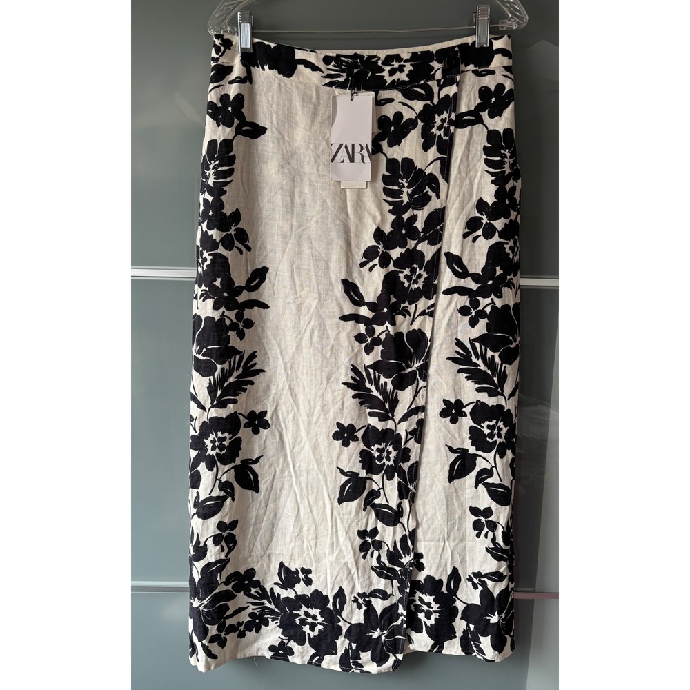 NWT* Zara Ecru-Black Floral Print Midi Wrap Skirt Linen Blend White Black Large - Picture 2 of 9